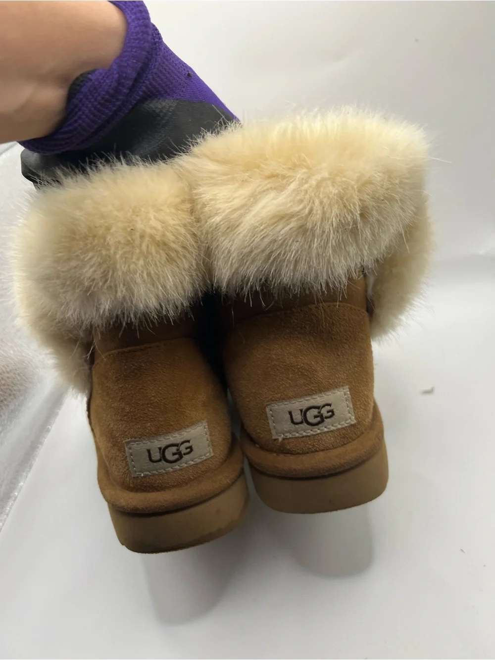 UGG Chestnut Suede Ankle Boots with Cream Faux Fur Cuff